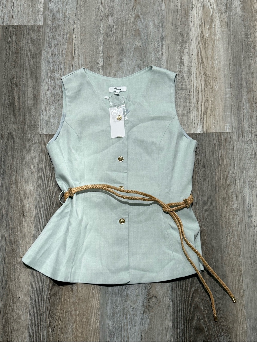 Sleeveless Mint Green Button-Front Peplum Top with Braided Belt
